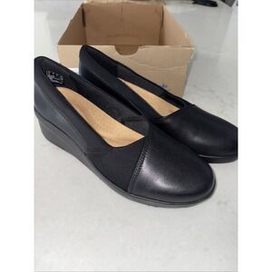 Clarks Wedge Flats Womens 7 M‎ Black Leather Suttyn Walk Pumps Slip On Office